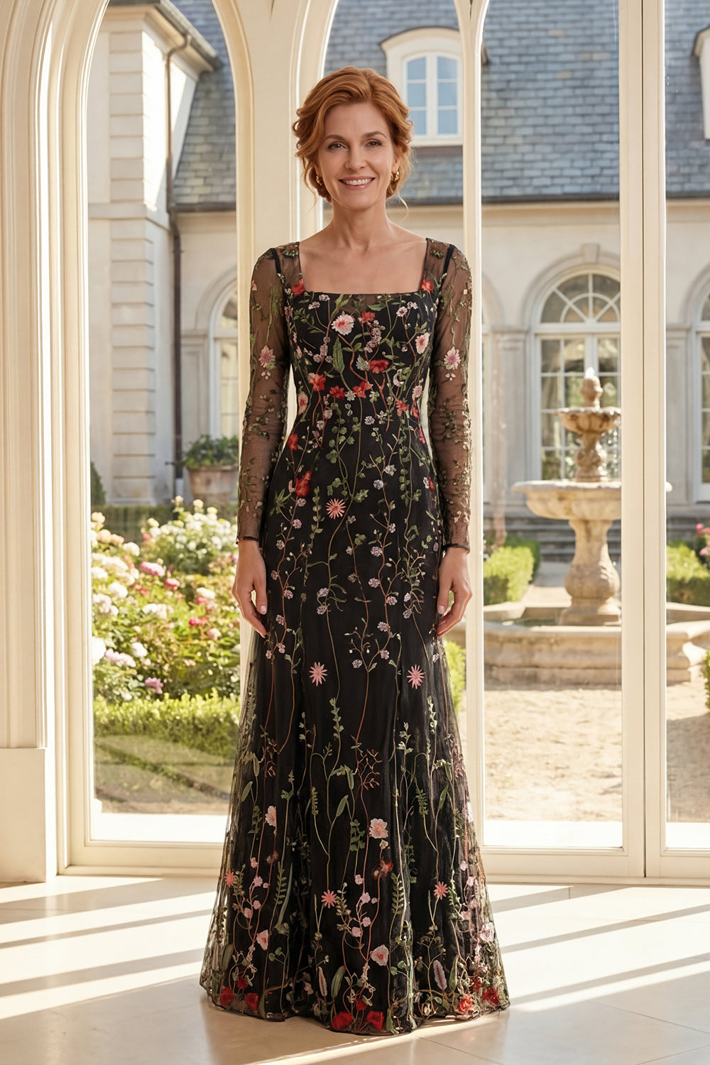 Square Neck Long Sleeves Black Floral Long Sheath Mother of the Bride Dress