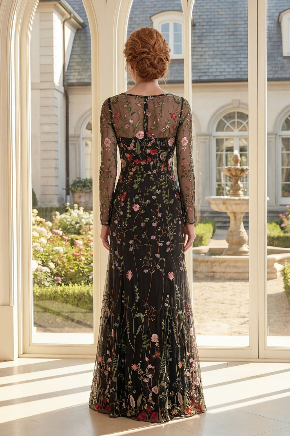 Square Neck Long Sleeves Black Floral Long Sheath Mother of the Bride Dress