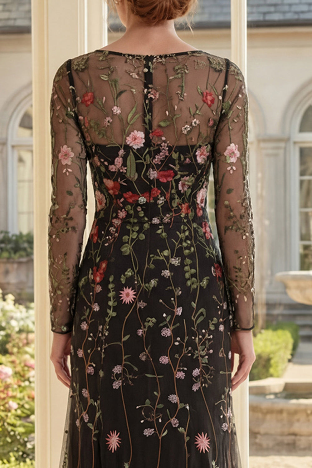 Square Neck Long Sleeves Black Floral Long Sheath Mother of the Bride Dress