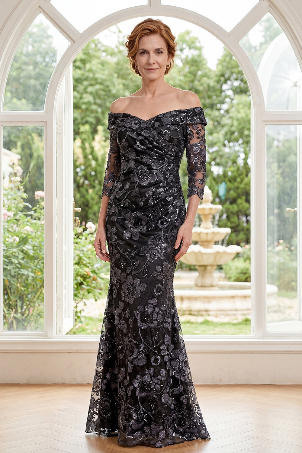 Sparkly Black Ruched Floral Mermaid Long Mother of the Bride Dress