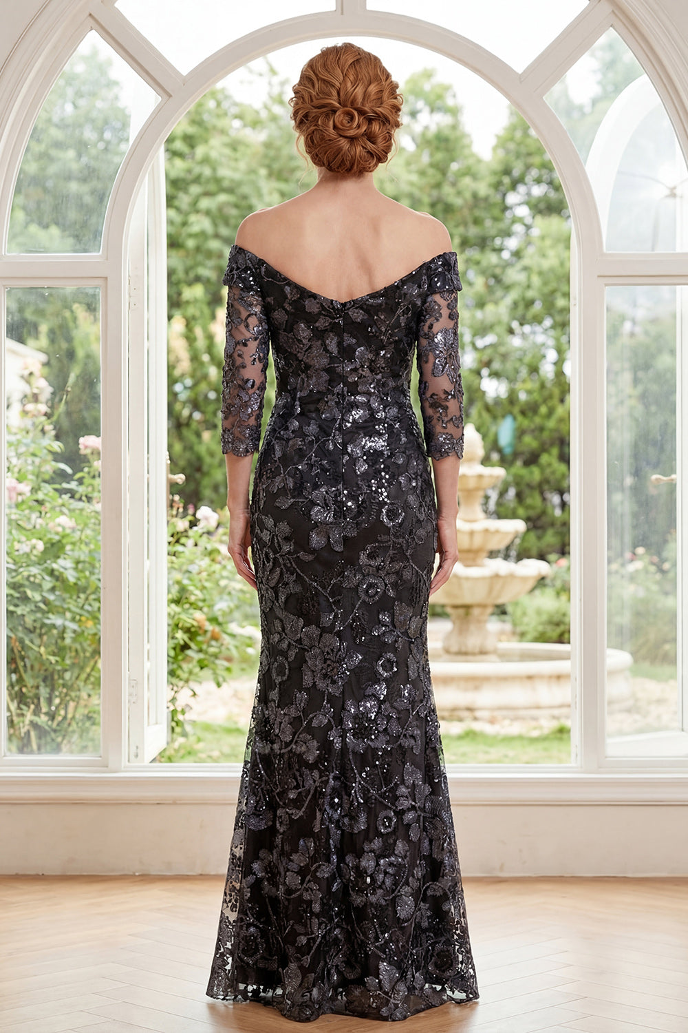Sparkly Black Ruched Floral Mermaid Long Mother of the Bride Dress