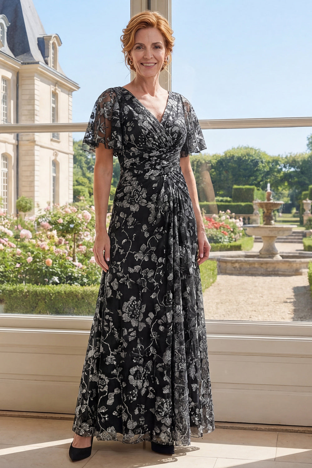 Floral Flutter Sleeves V-Neck Ruched Black A Line Long Mother of the Bride Dress