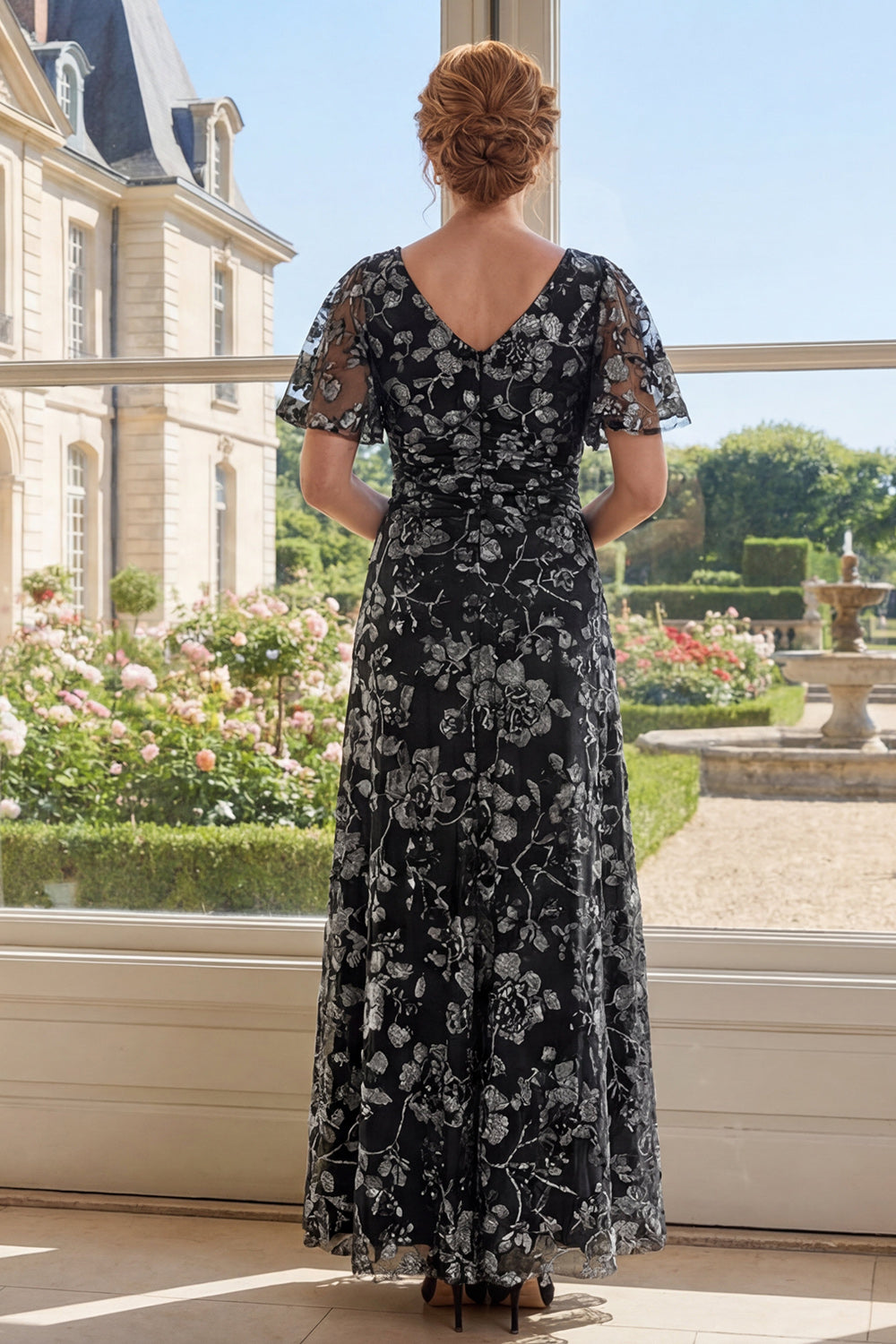 Floral Flutter Sleeves V-Neck Ruched Black A Line Long Mother of the Bride Dress