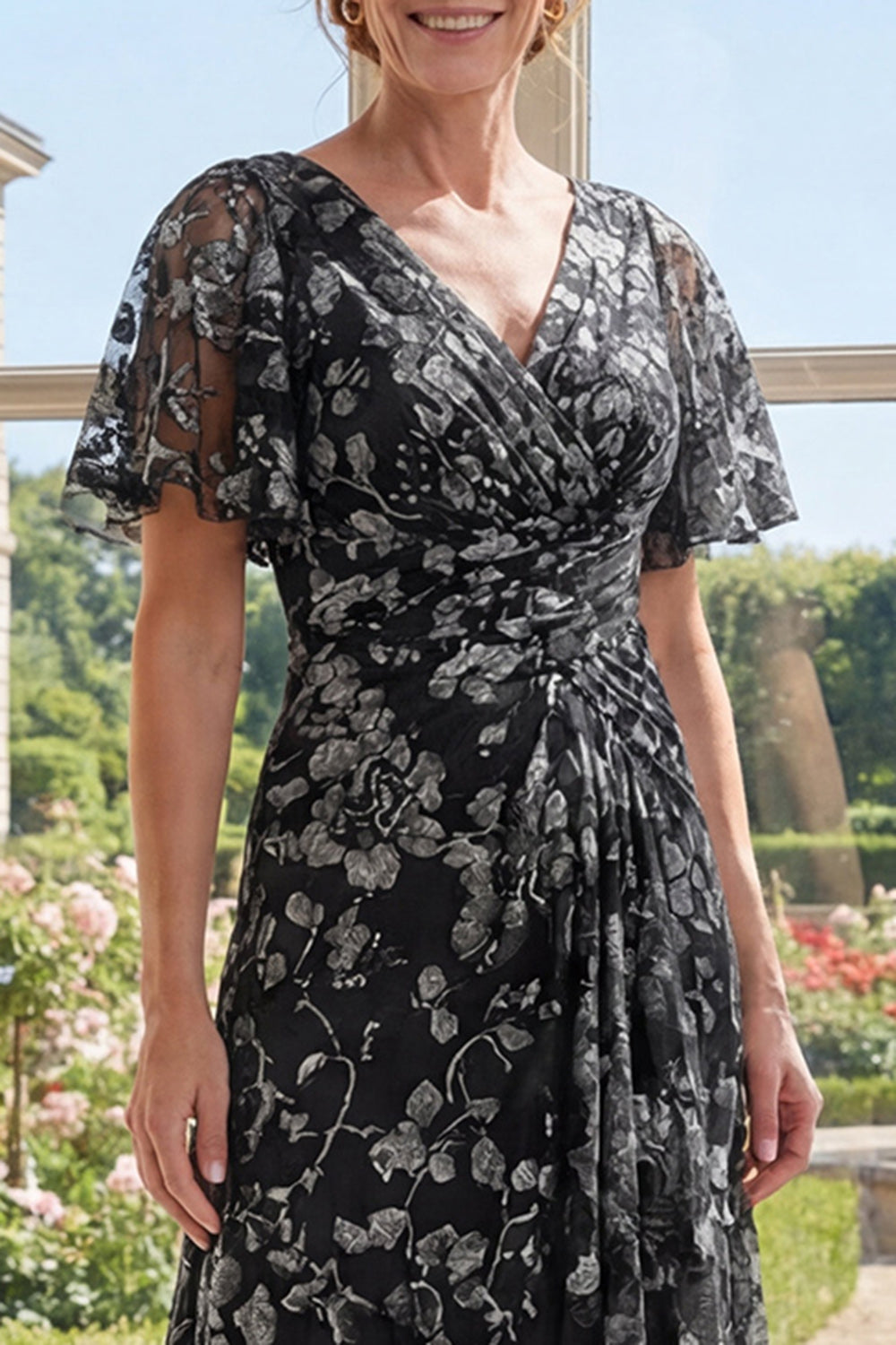 Floral Flutter Sleeves V-Neck Ruched Black A Line Long Mother of the Bride Dress