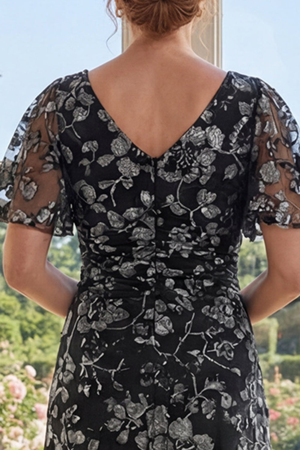 Floral Flutter Sleeves V-Neck Ruched Black A Line Long Mother of the Bride Dress