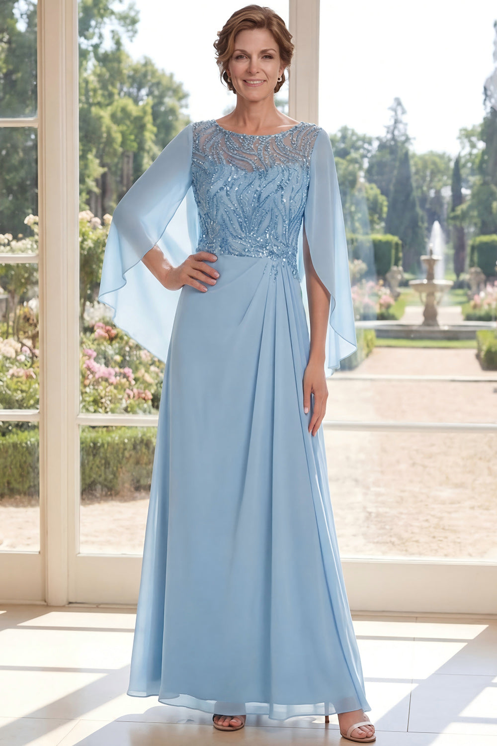 Sparkly Boat Neck A Line Long Light Blue Beaded Mother of the Bride Dress with Cape