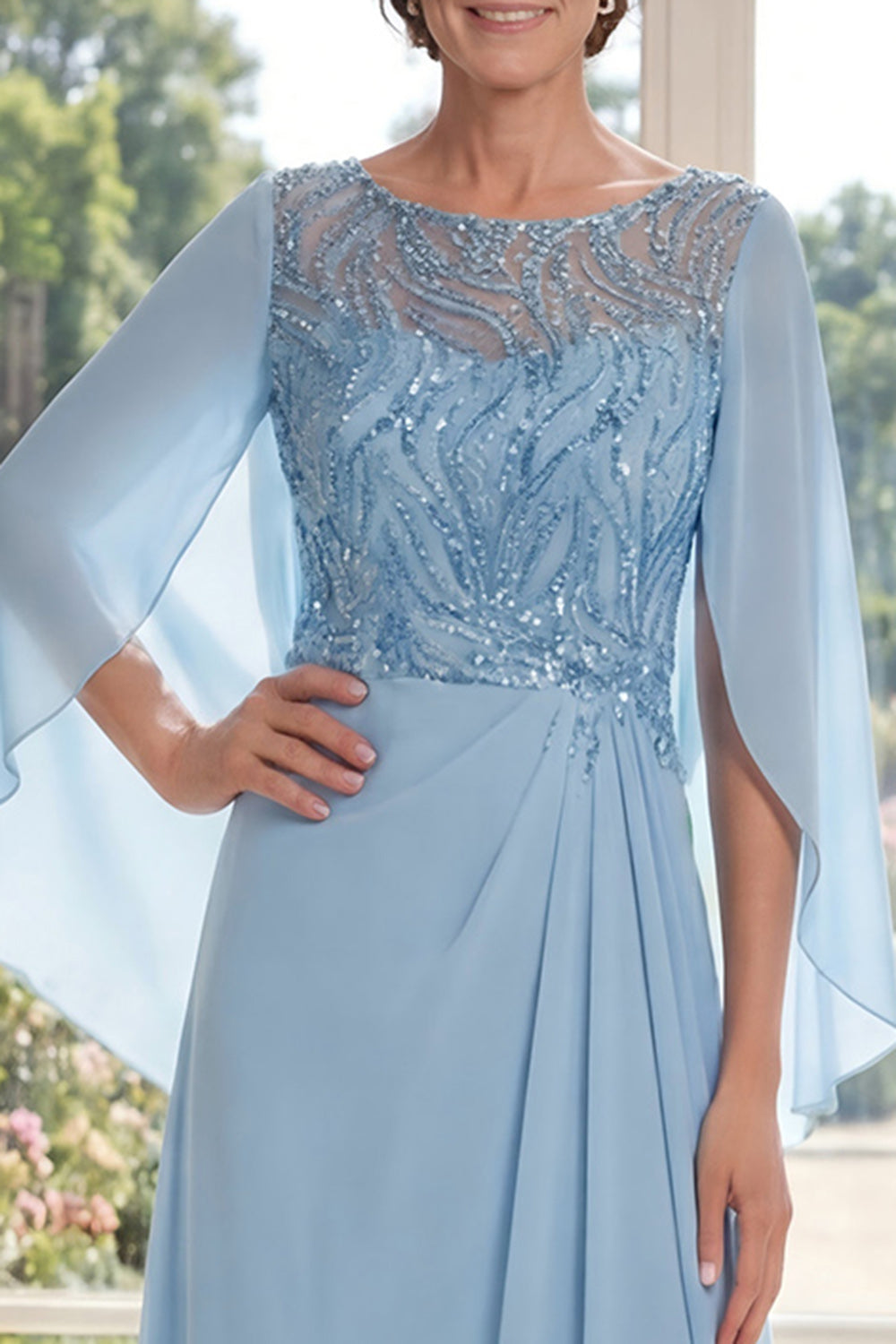 Sparkly Boat Neck A Line Long Light Blue Beaded Mother of the Bride Dress with Cape
