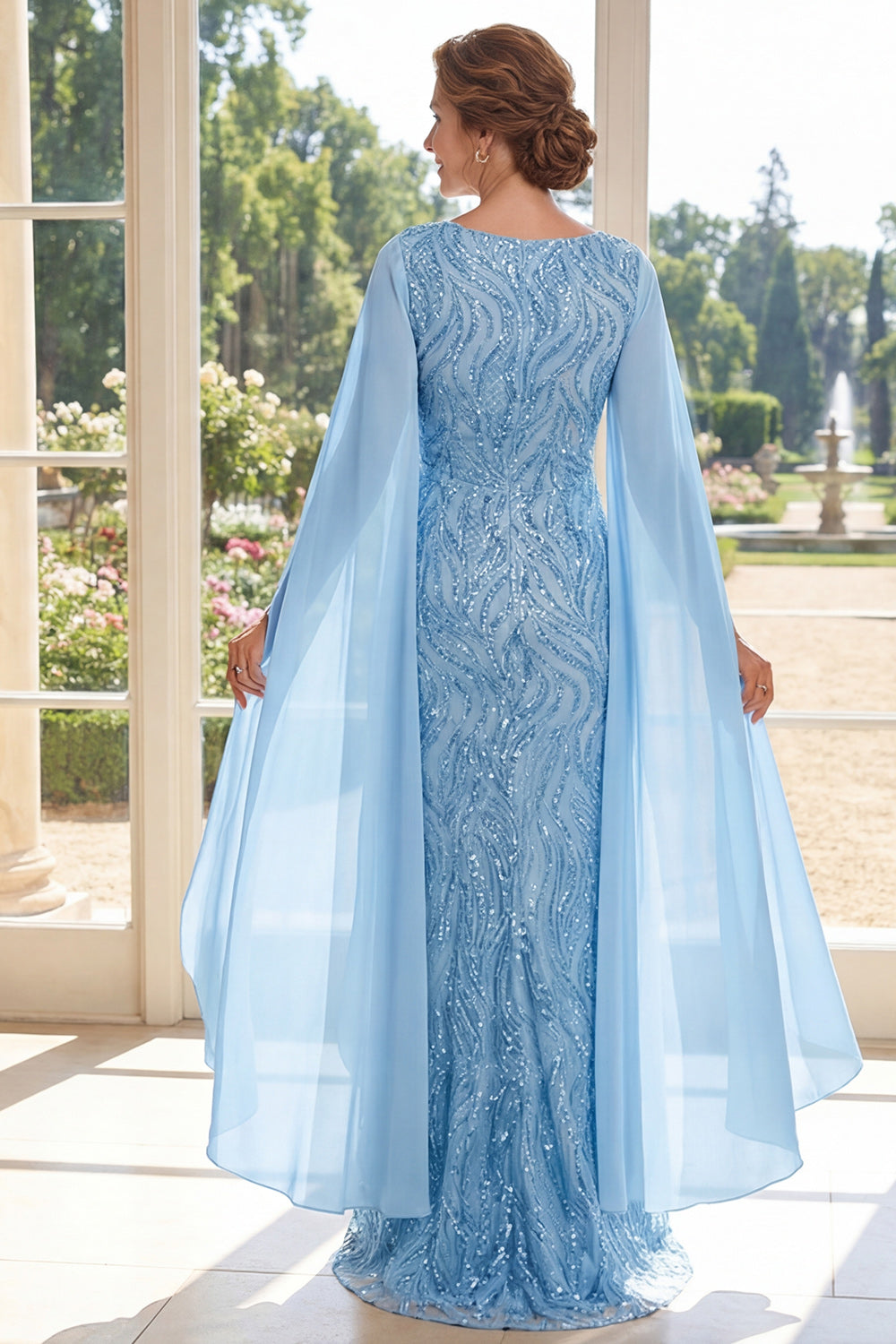 V-Neck Sheath Long Beaded Sparkly Light Blue Mother of the Bride Dress with Cape