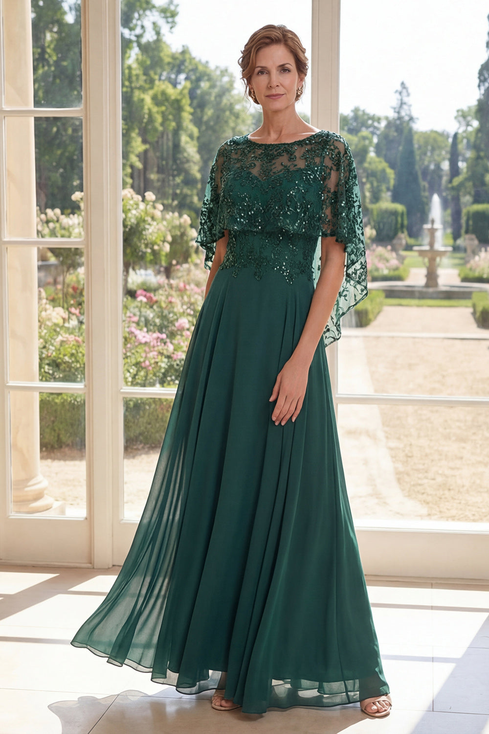 Appliqued Long Sparkly Dark Green Boat Neck A Line Mother of the Bride Dress
