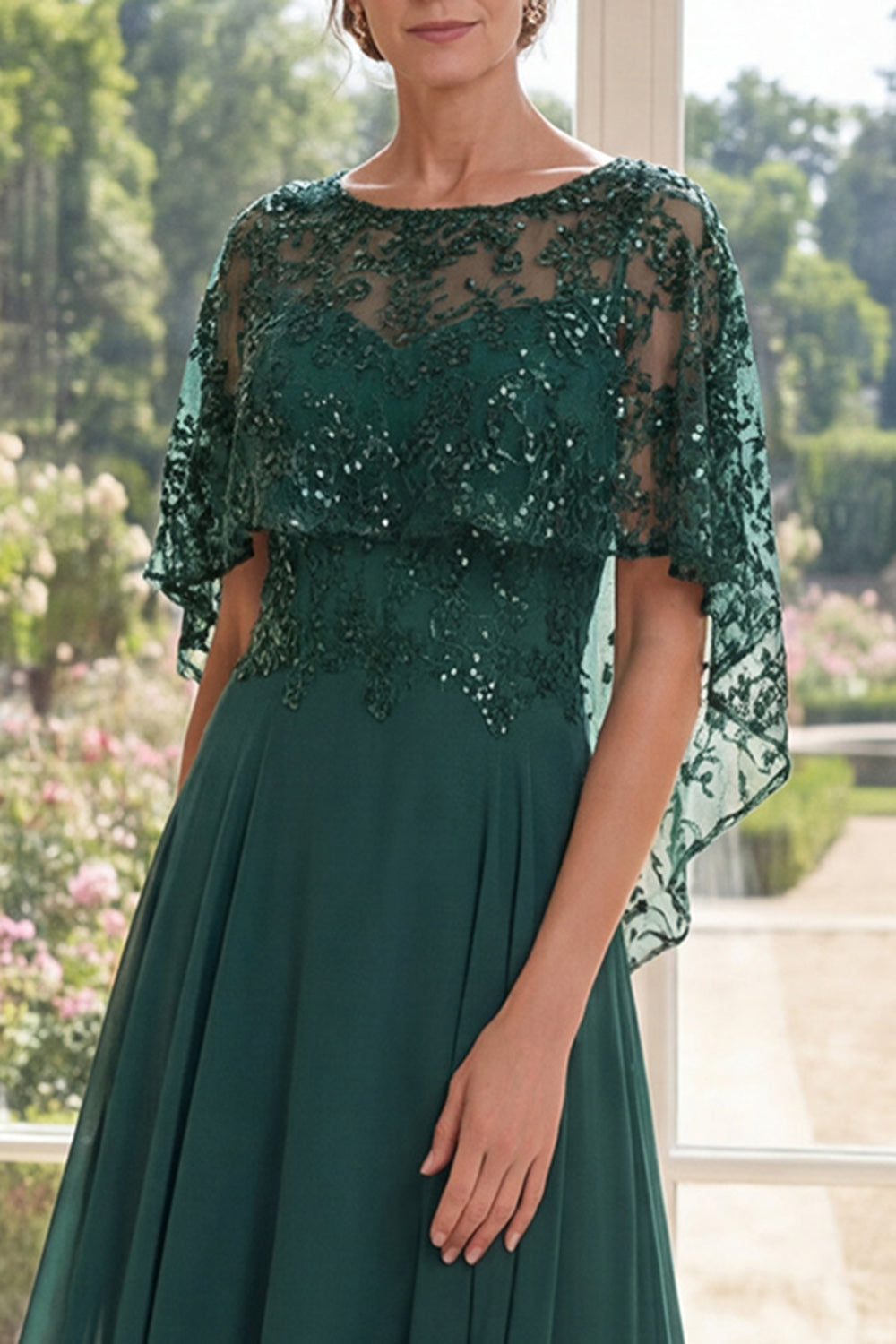 Appliqued Long Sparkly Dark Green Boat Neck A Line Mother of the Bride Dress