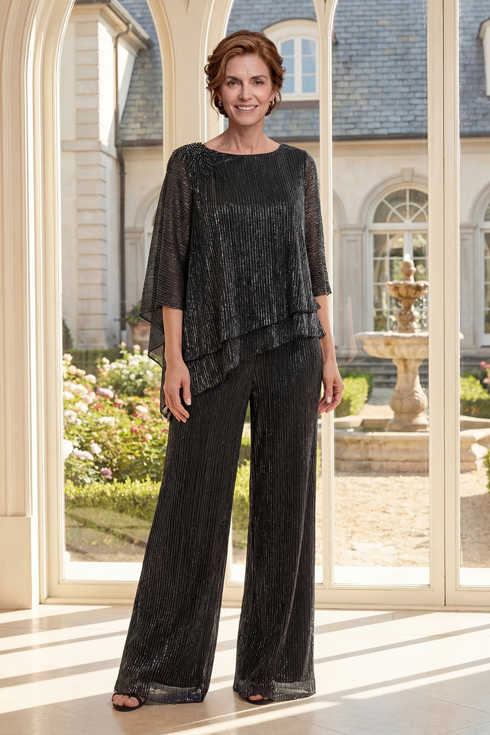 Glitter Ruffled Black 2 Piece Mother of the Bride Pantsuits with Pleats