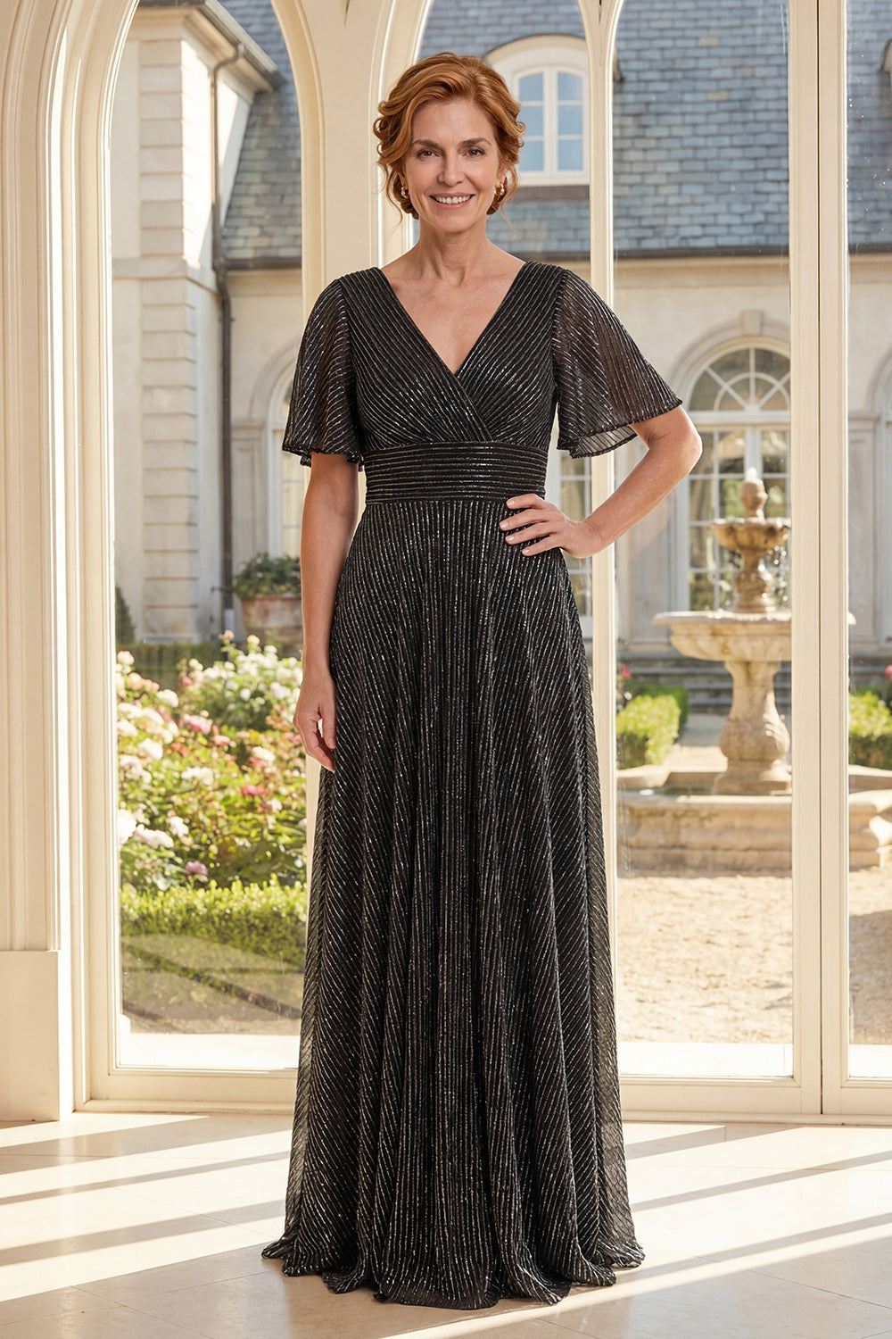 Black A Line Flutter Sleeves Glitter Long Mother of the Bride Dress with Pleats