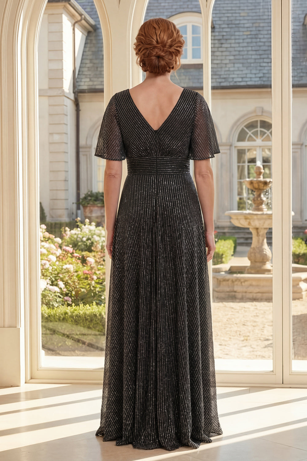 Black A Line Flutter Sleeves Glitter Long Mother of the Bride Dress with Pleats