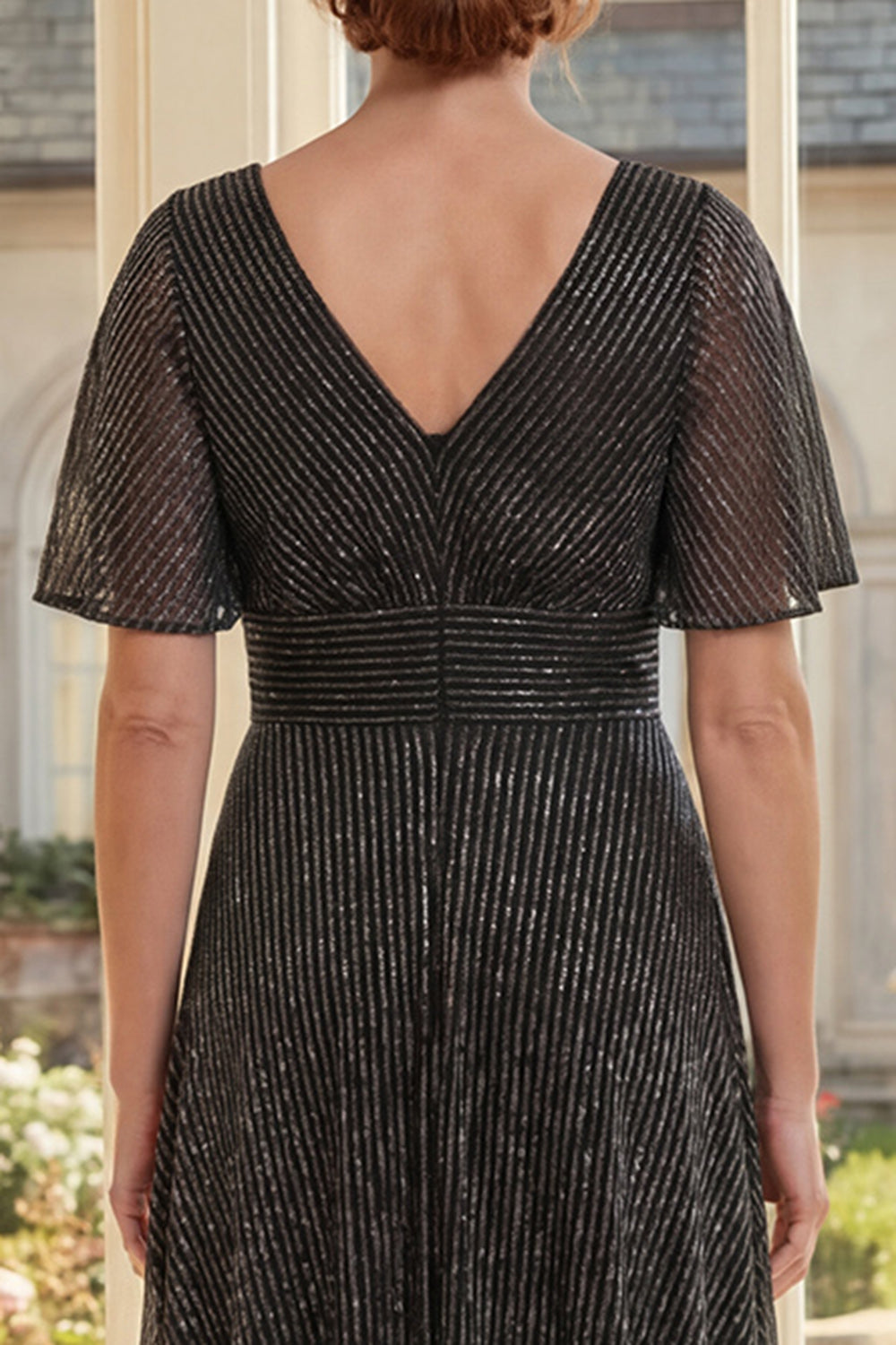 Black A Line Flutter Sleeves Glitter Long Mother of the Bride Dress with Pleats