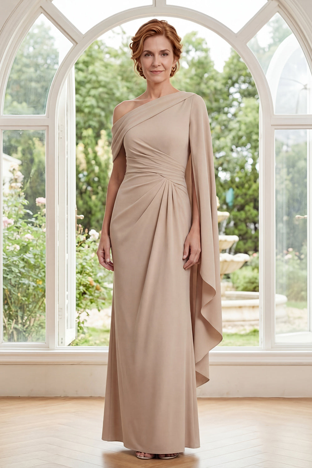 Champagne Sheath Ruched Long Mother of the Bride Dress with Ruffles