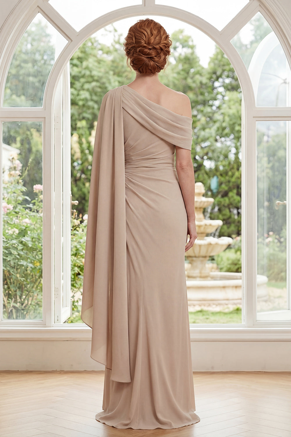 Champagne Sheath Ruched Long Mother of the Bride Dress with Ruffles