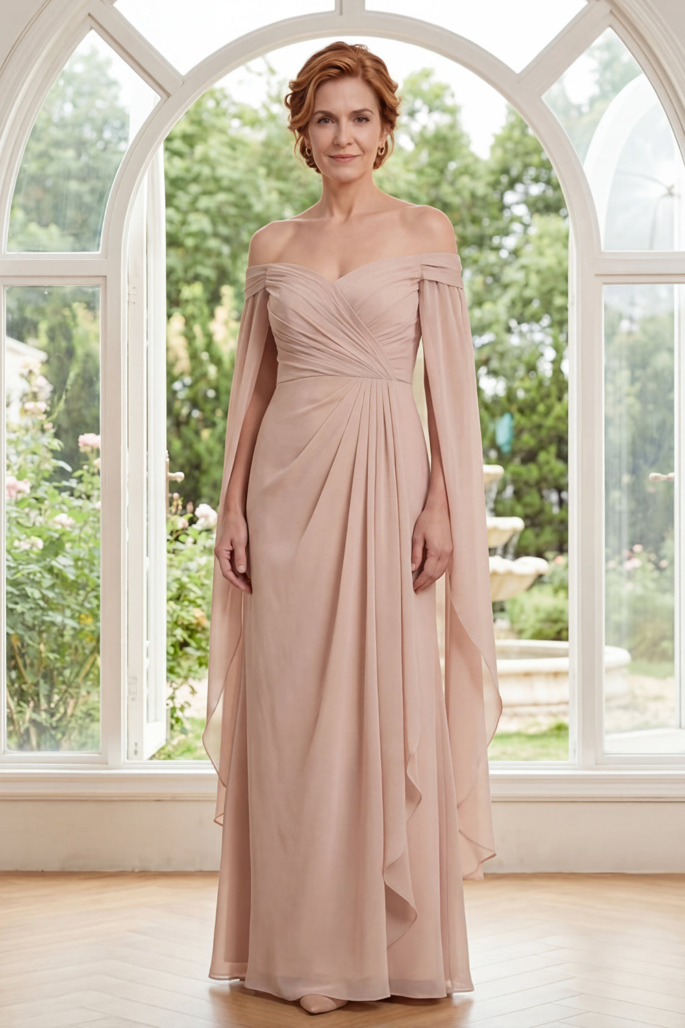 Champagne Long Ruffled Sheath Ruched Mother of the Bride Dress with Cape