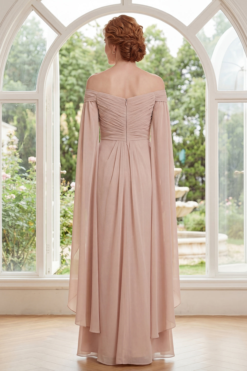 Champagne Long Ruffled Sheath Ruched Mother of the Bride Dress with Cape