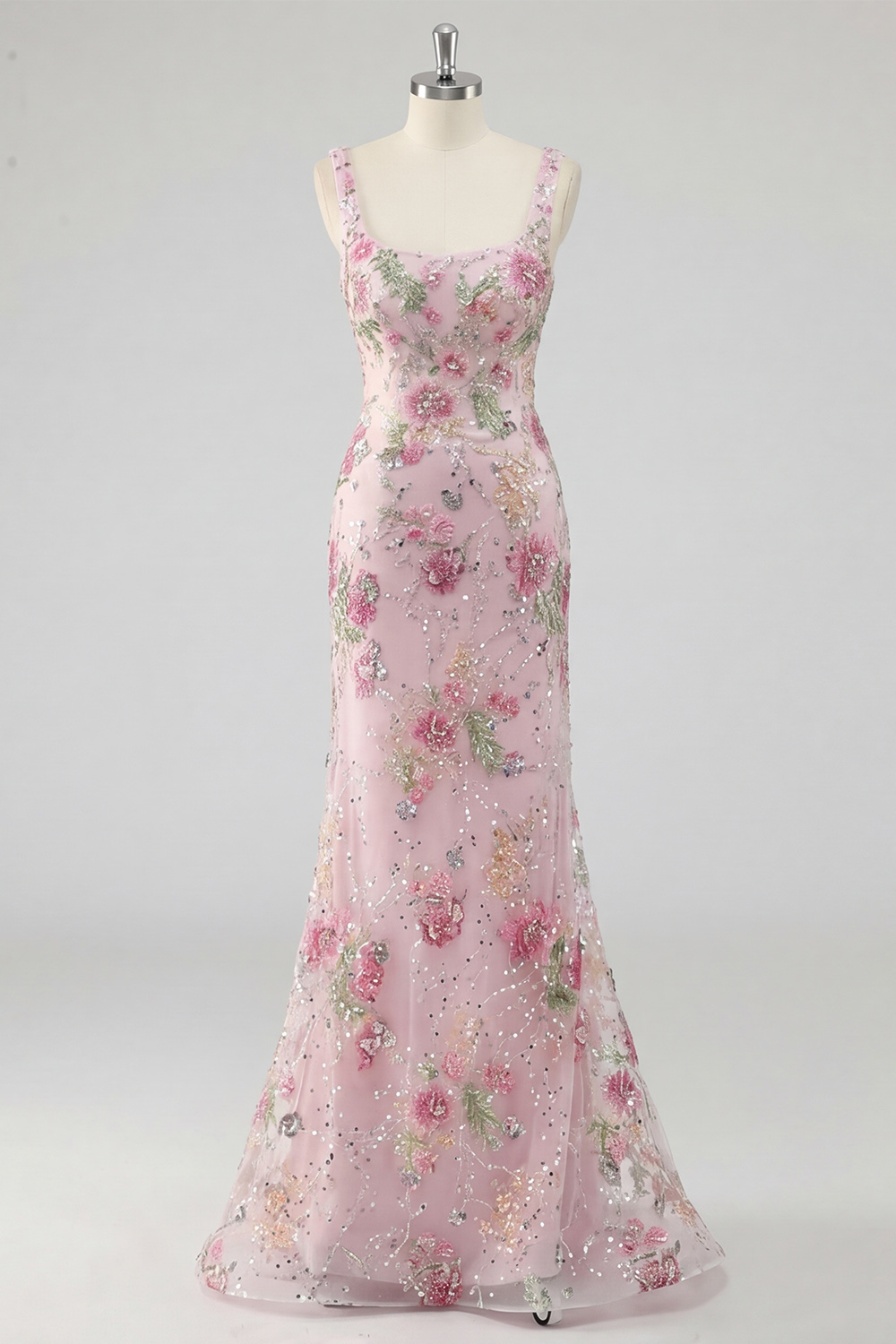 Sparkly Pink Mermaid Beaded Long Floral Formal Dress