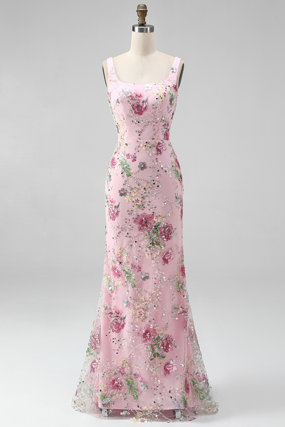 Sparkly Pink Mermaid Beaded Long Floral Formal Dress
