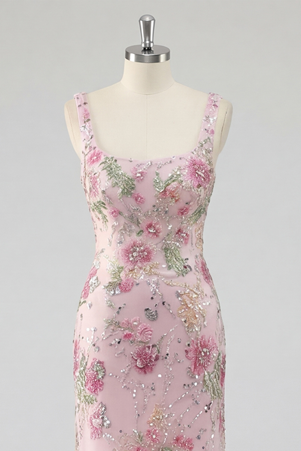 Sparkly Pink Mermaid Beaded Long Floral Formal Dress