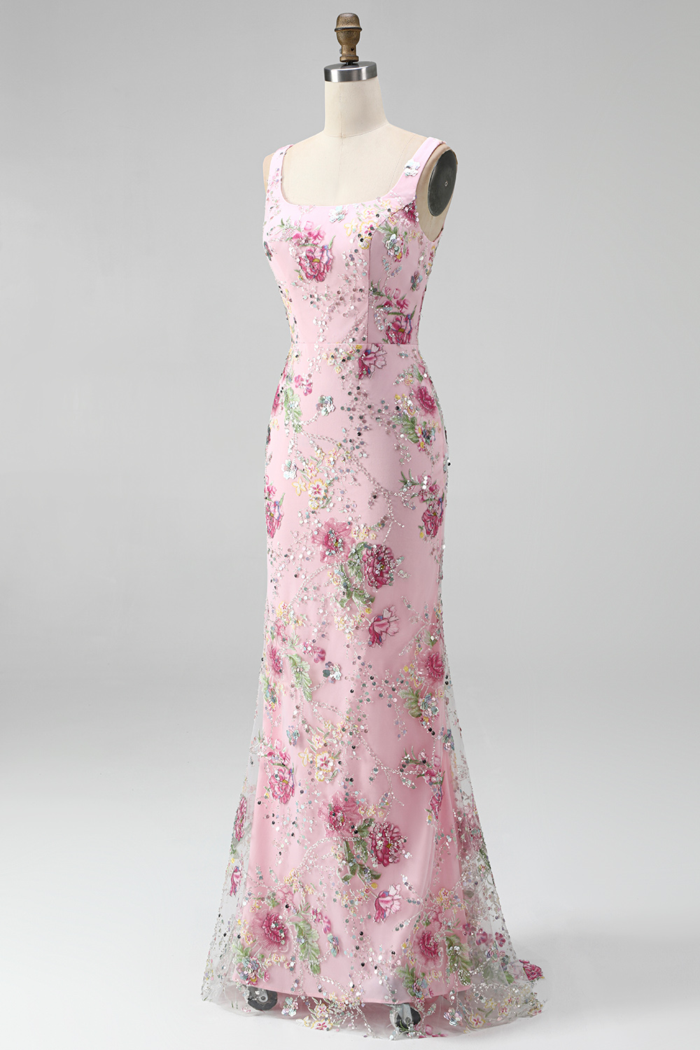 Sparkly Pink Mermaid Beaded Long Floral Formal Dress