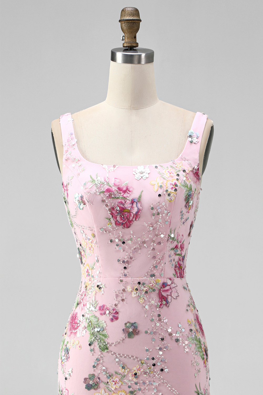 Sparkly Pink Mermaid Beaded Long Floral Formal Dress