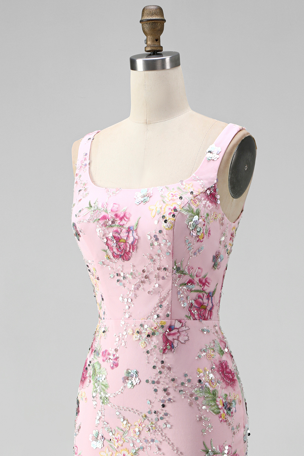 Sparkly Pink Mermaid Beaded Long Floral Formal Dress