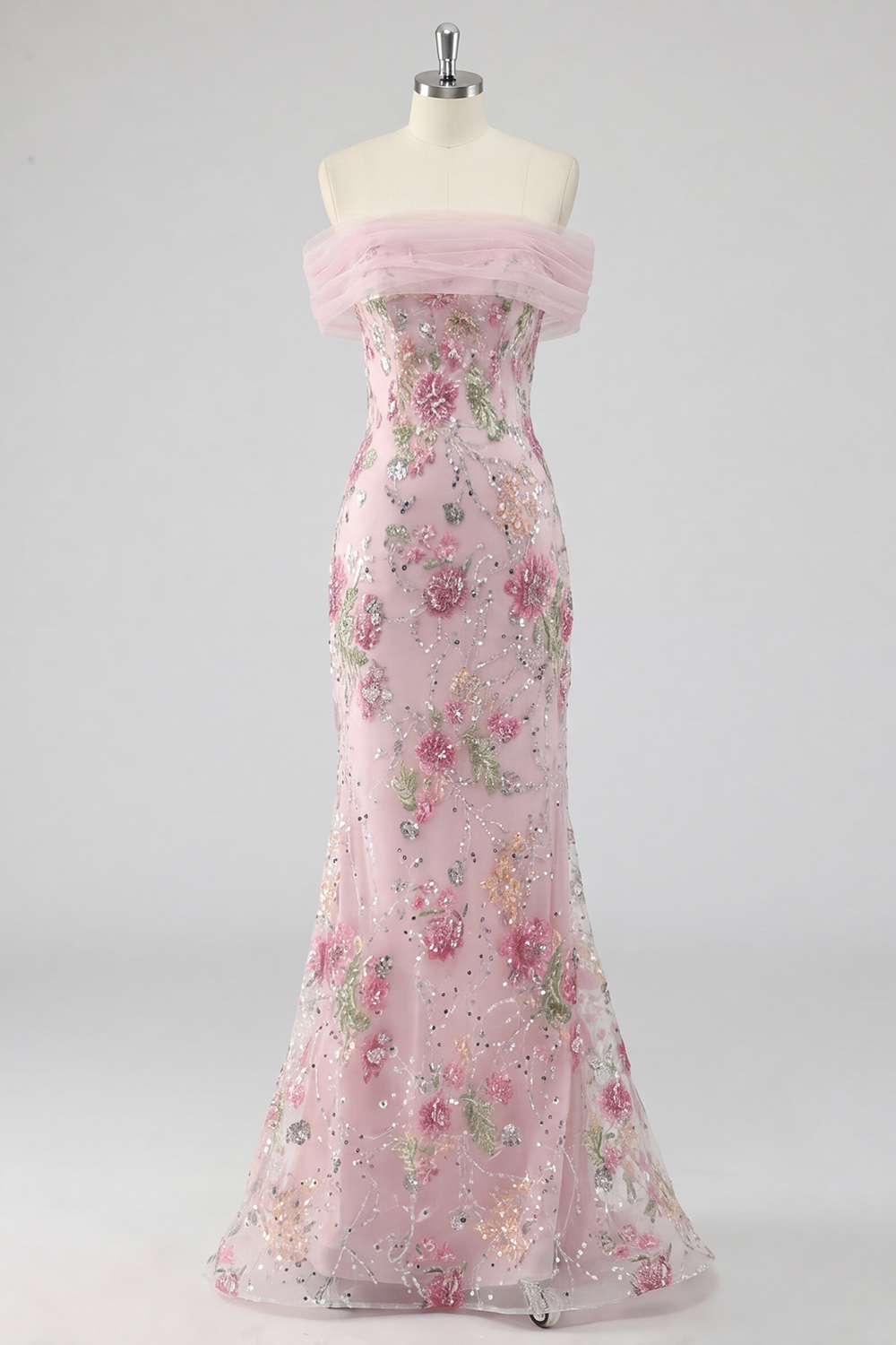  Sparkly Pink LongFloral Mermaid Off the Shoulder Beaded Formal Dress