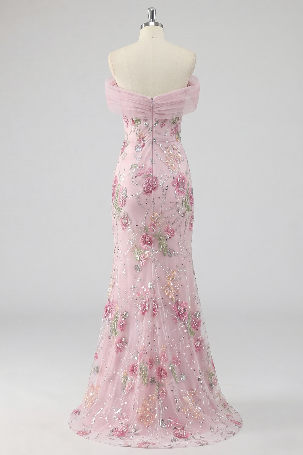  Sparkly Pink LongFloral Mermaid Off the Shoulder Beaded Formal Dress