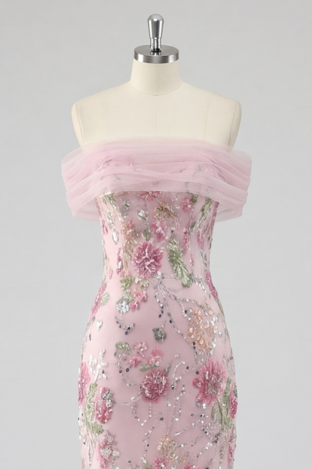  Sparkly Pink LongFloral Mermaid Off the Shoulder Beaded Formal Dress