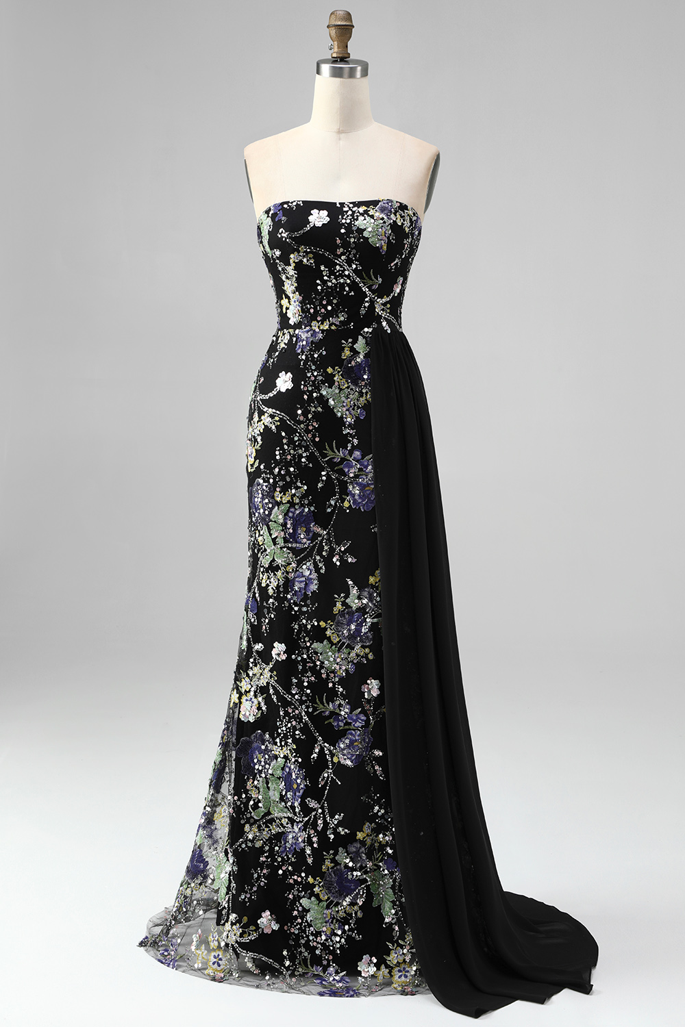 Beaded Floral Sparkly Pink Mermaid Long Formal Dress with Side Cape