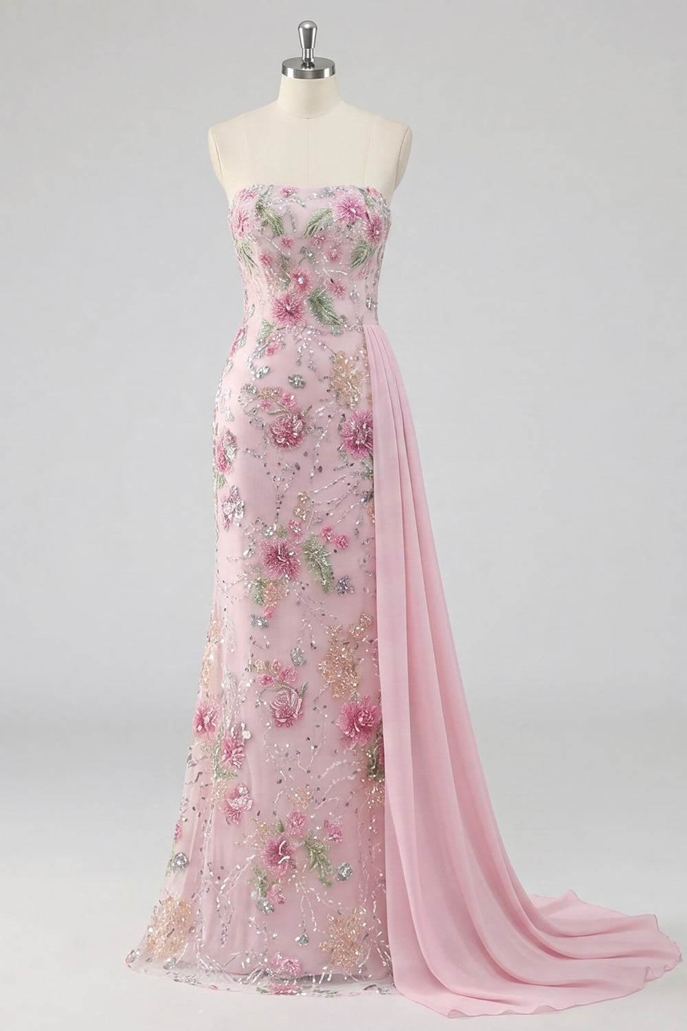 Beaded Floral Sparkly Pink Mermaid Long Formal Dress with Side Cape