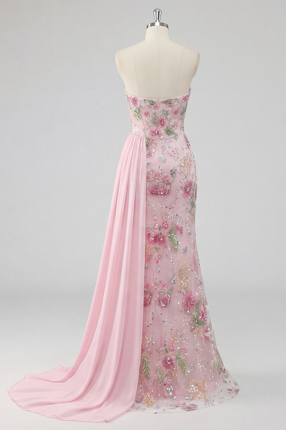 Beaded Floral Sparkly Pink Mermaid Long Formal Dress with Side Cape