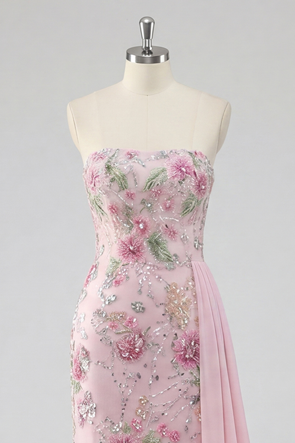 Beaded Floral Sparkly Pink Mermaid Long Formal Dress with Side Cape