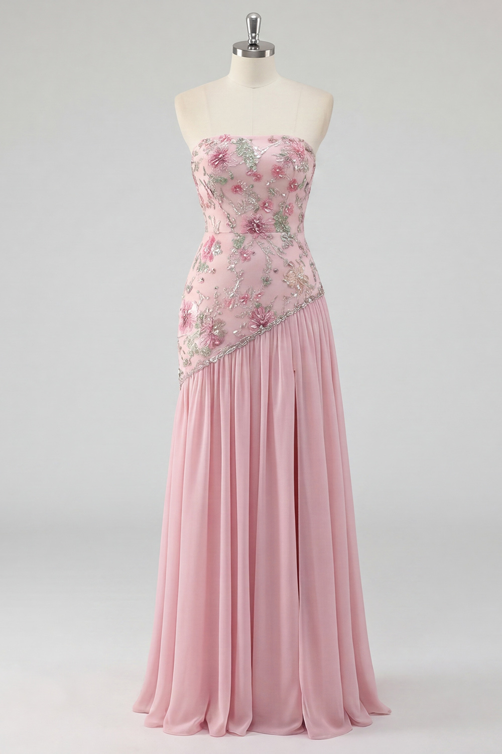 Sparkly Pink Strapless Long Beaded Floral A Line Formal Dress with Slit