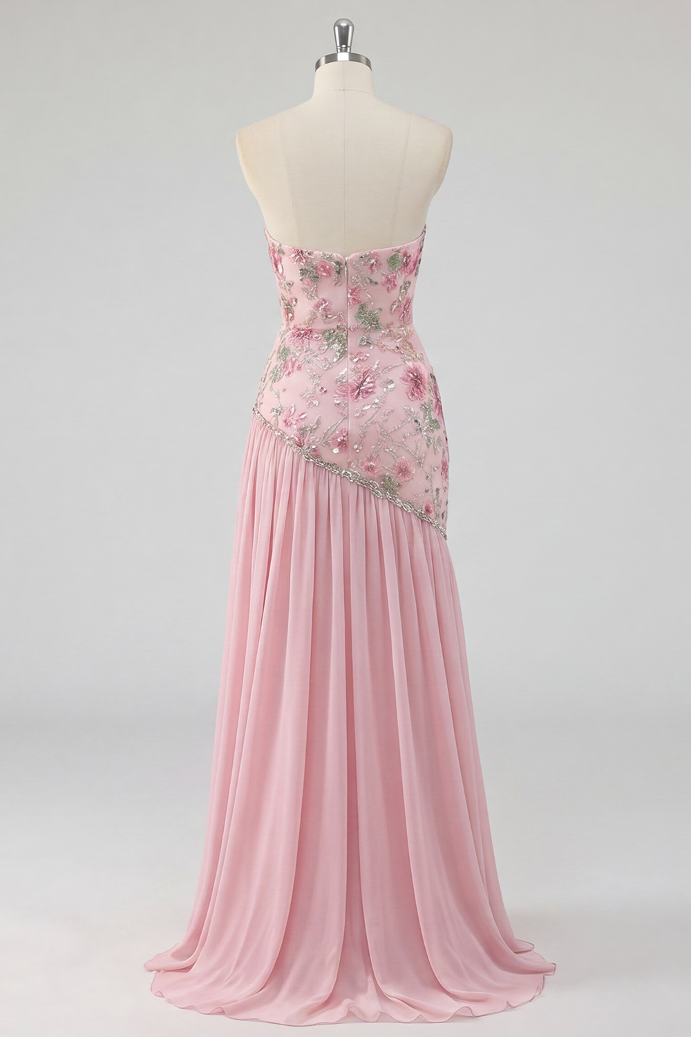 Sparkly Pink Strapless Long Beaded Floral A Line Formal Dress with Slit
