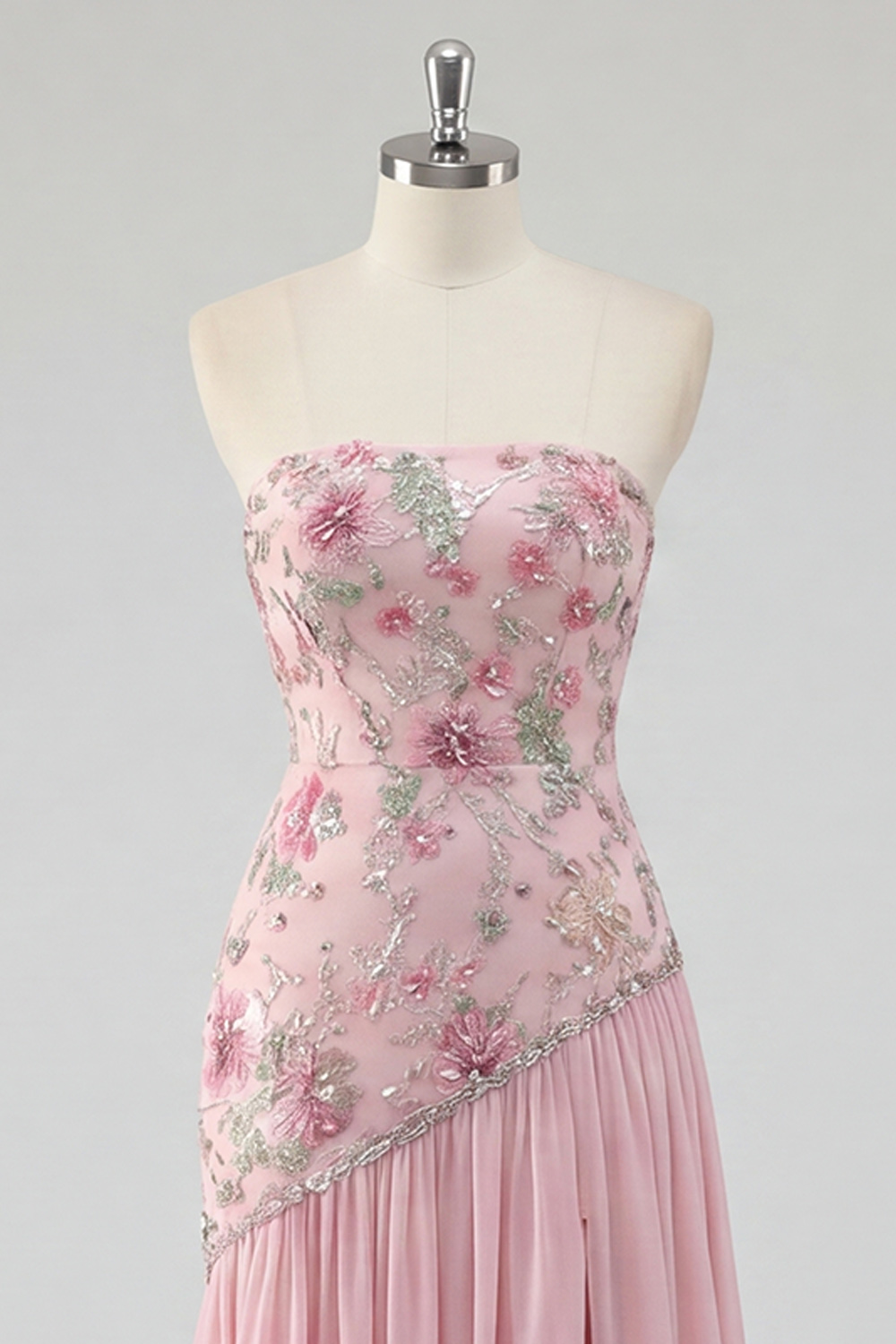 Sparkly Pink Strapless Long Beaded Floral A Line Formal Dress with Slit