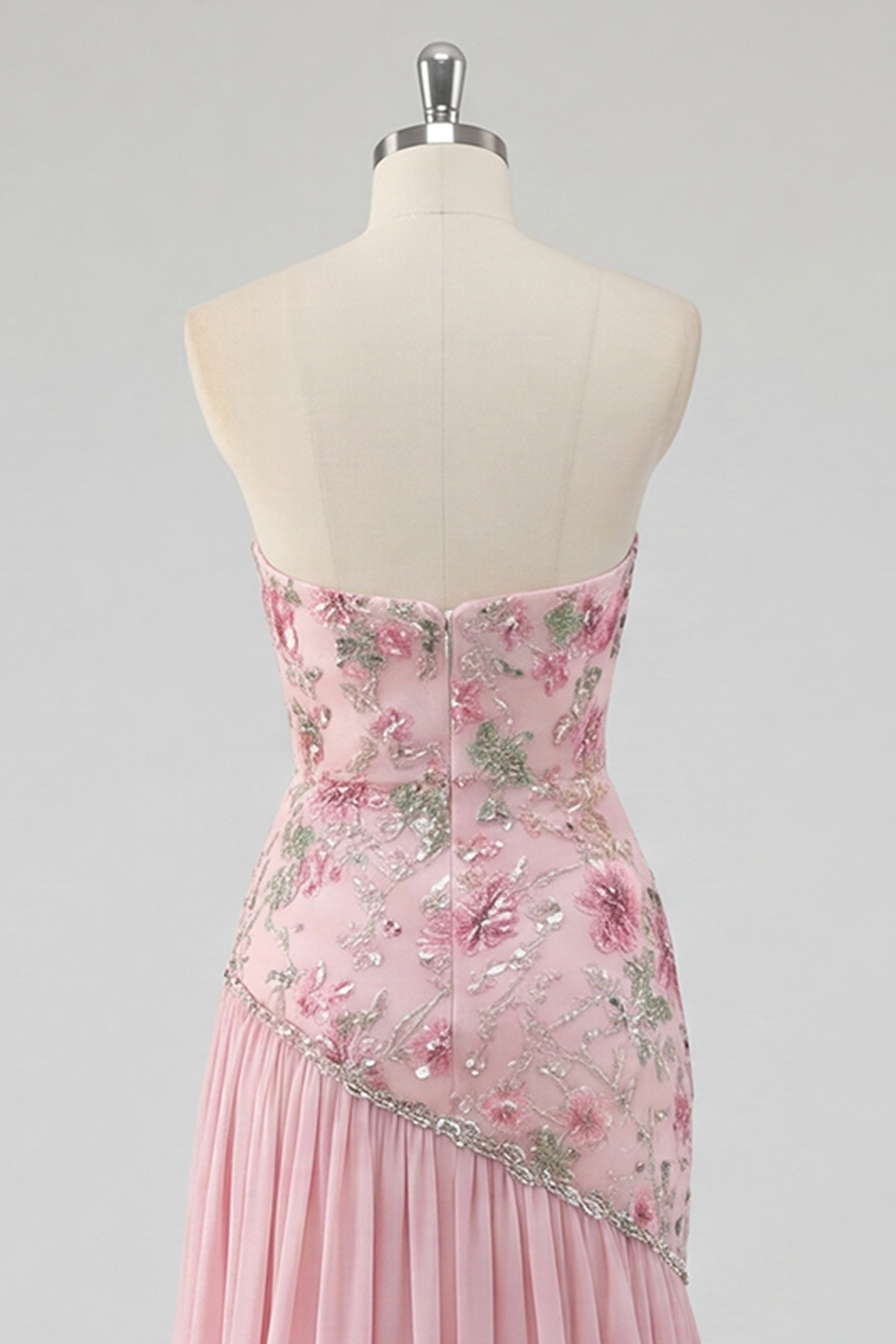 Sparkly Pink Strapless Long Beaded Floral A Line Formal Dress with Slit