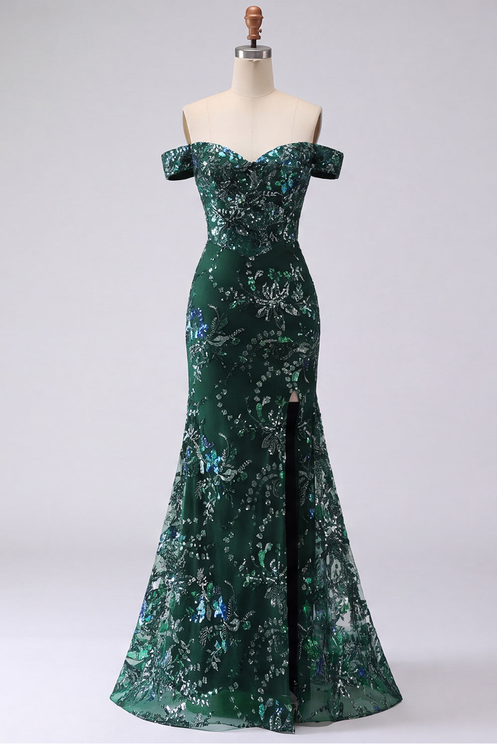 Off the Shoulder Sparkly Dark Green Long Mermaid Floral Beaded Formal Dress with Slit