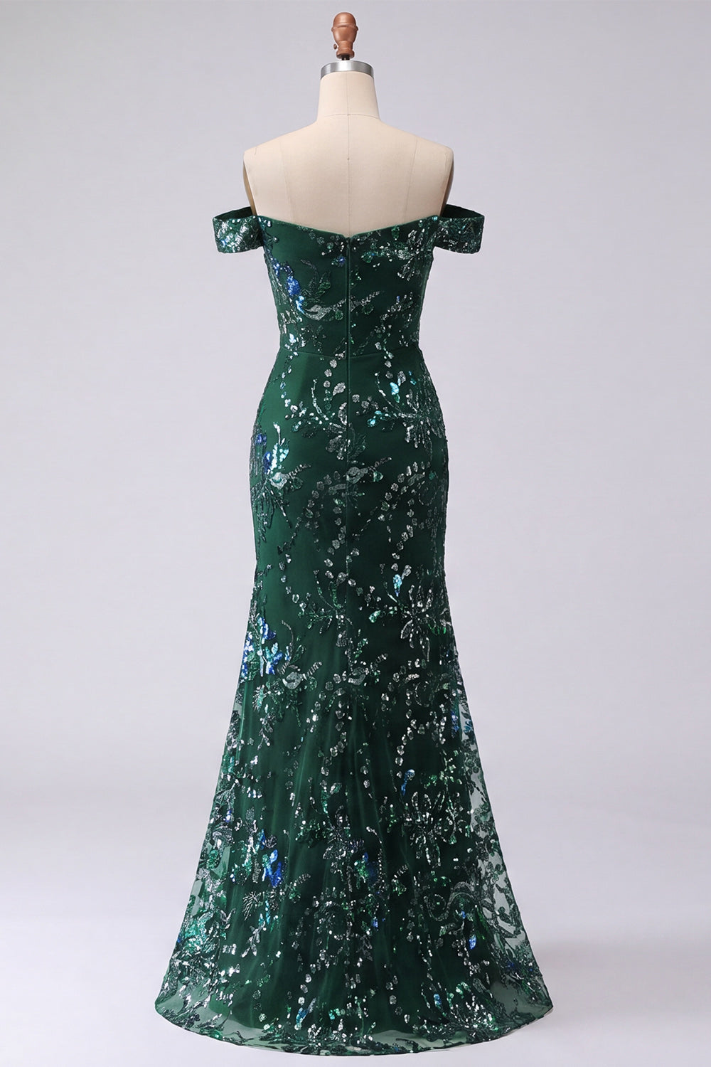 Off the Shoulder Sparkly Dark Green Long Mermaid Floral Beaded Formal Dress with Slit