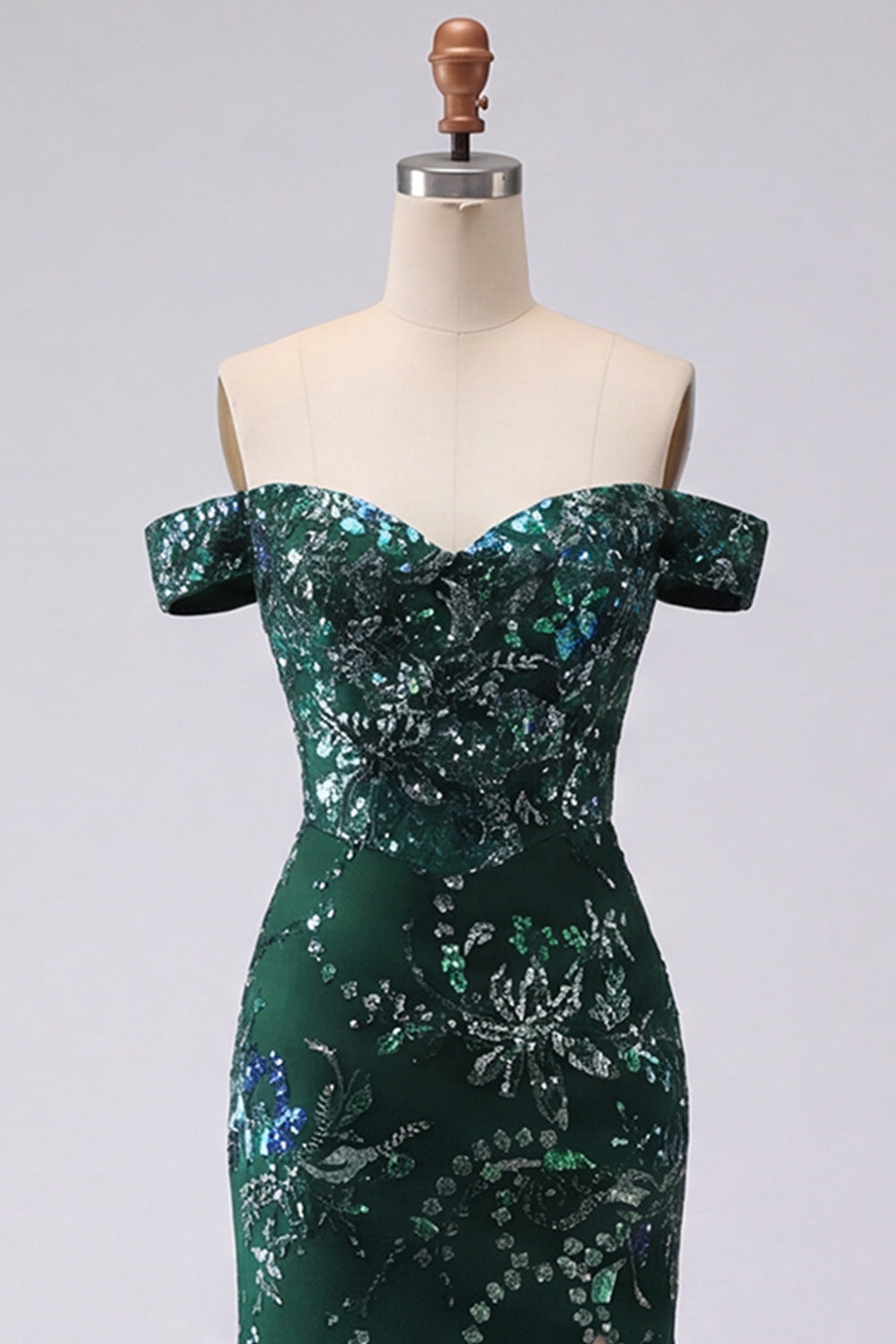 Off the Shoulder Sparkly Dark Green Long Mermaid Floral Beaded Formal Dress with Slit