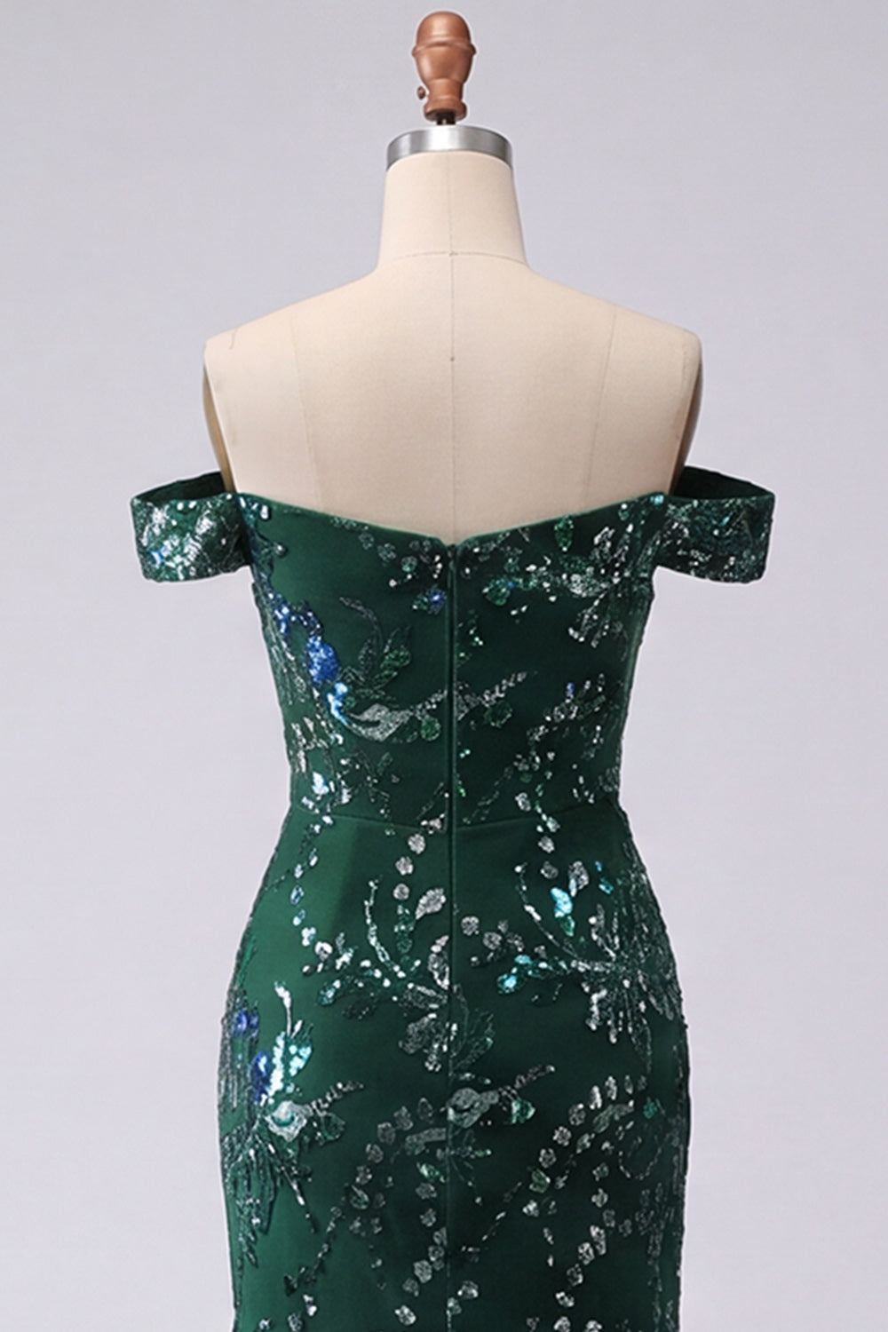 Off the Shoulder Sparkly Dark Green Long Mermaid Floral Beaded Formal Dress with Slit