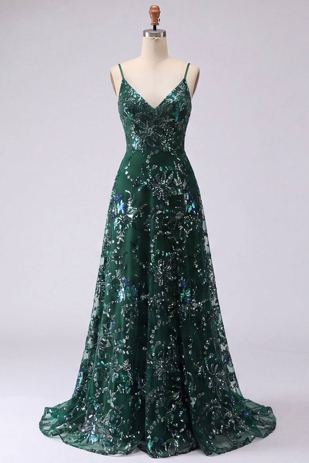 Sparkly Dark Green Long A Line Spaghetti Straps Floral Beaded Formal Dress