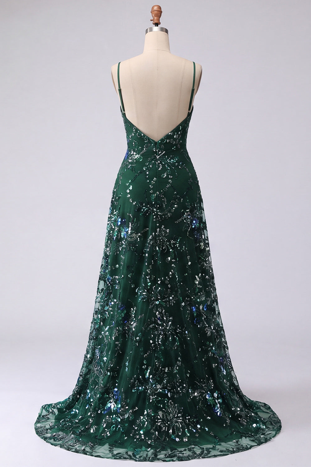Sparkly Dark Green Long A Line Spaghetti Straps Floral Beaded Formal Dress