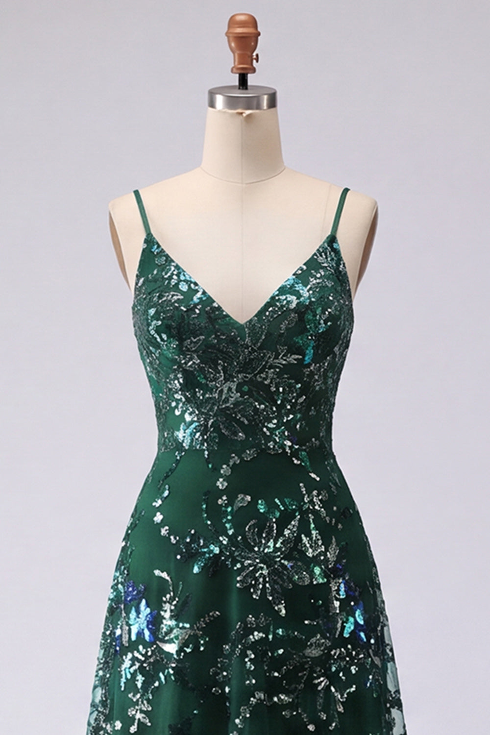 Sparkly Dark Green Long A Line Spaghetti Straps Floral Beaded Formal Dress