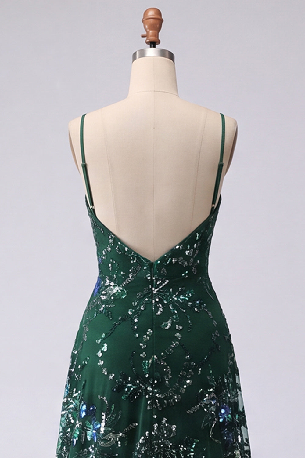 Sparkly Dark Green Long A Line Spaghetti Straps Floral Beaded Formal Dress