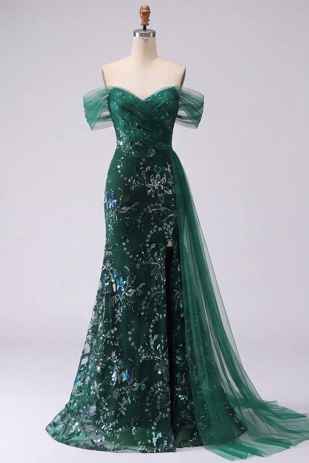Sparkly Dark Green Long Mermaid Floral Ruched Beaded Prom Dress with Side Cape