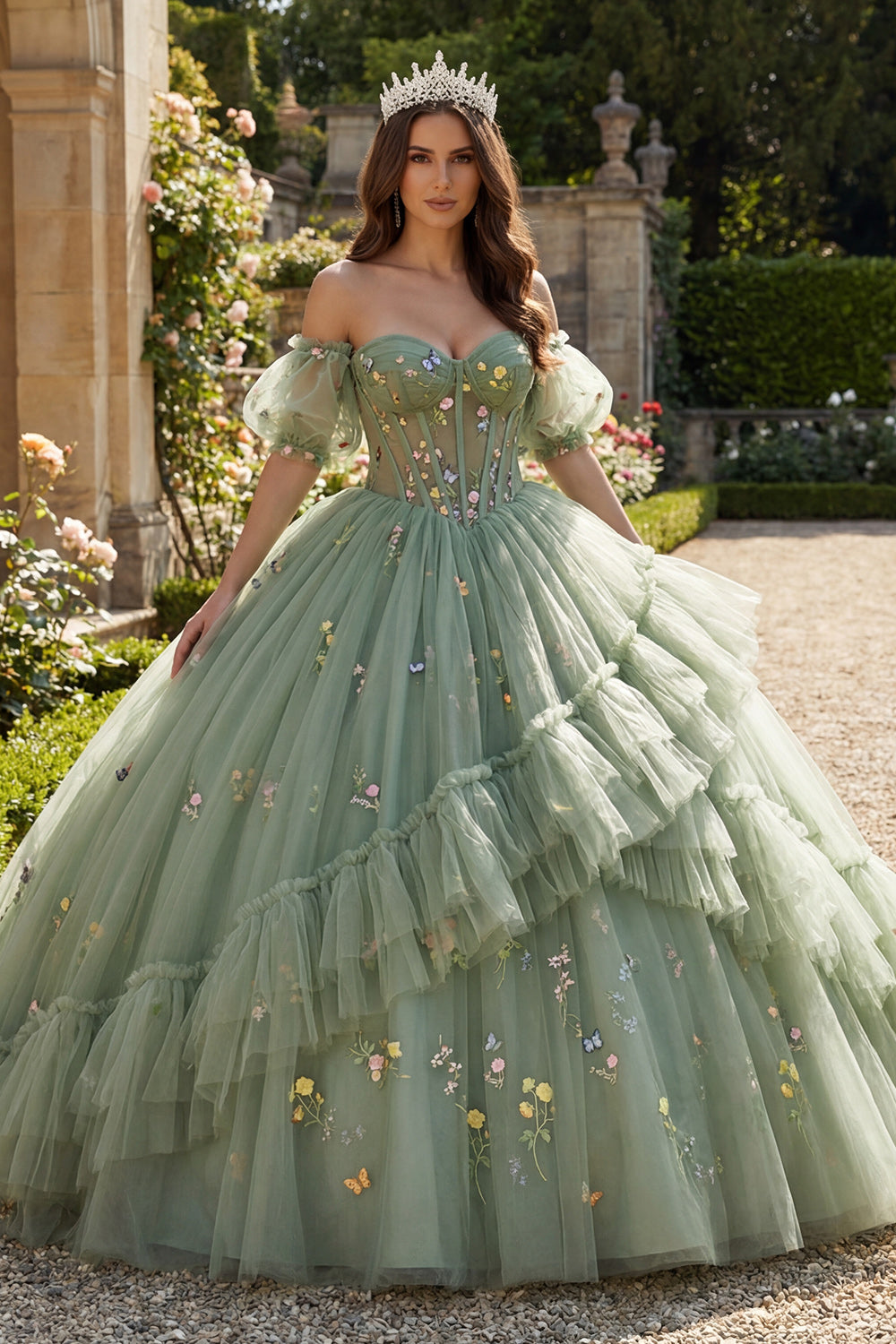 Dusty Sage Princess Floral Corset Long Quinceanera Dress with Ruffles