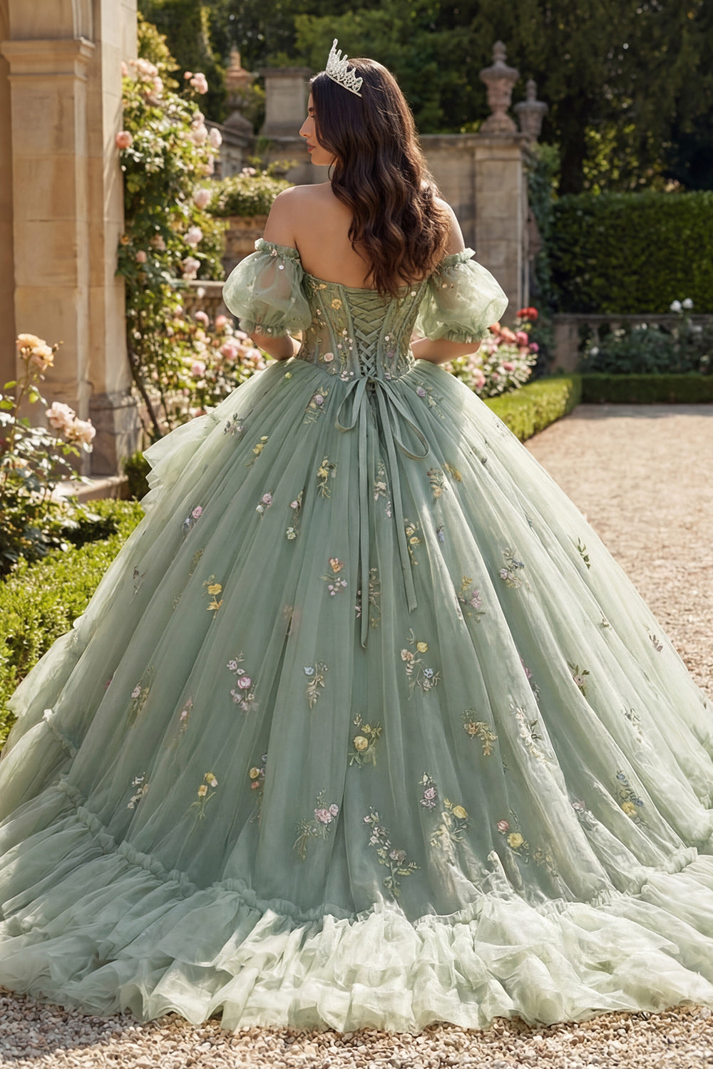 Dusty Sage Princess Floral Corset Long Quinceanera Dress with Ruffles
